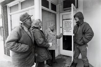 Senior citizen Pat Thompson and other local residents protest decision by the Royal Bank to close Caledon's only bank. Caledon, Ontario