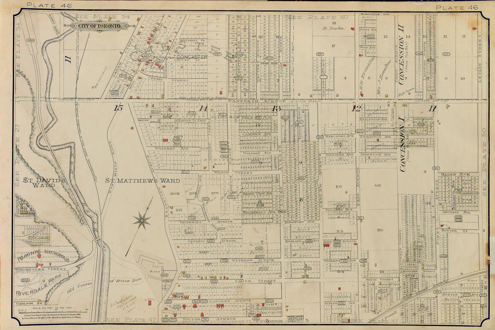 Atlas of the city of Toronto and vicinity from special survey founded on registered plans and showing all building and lot numbers.