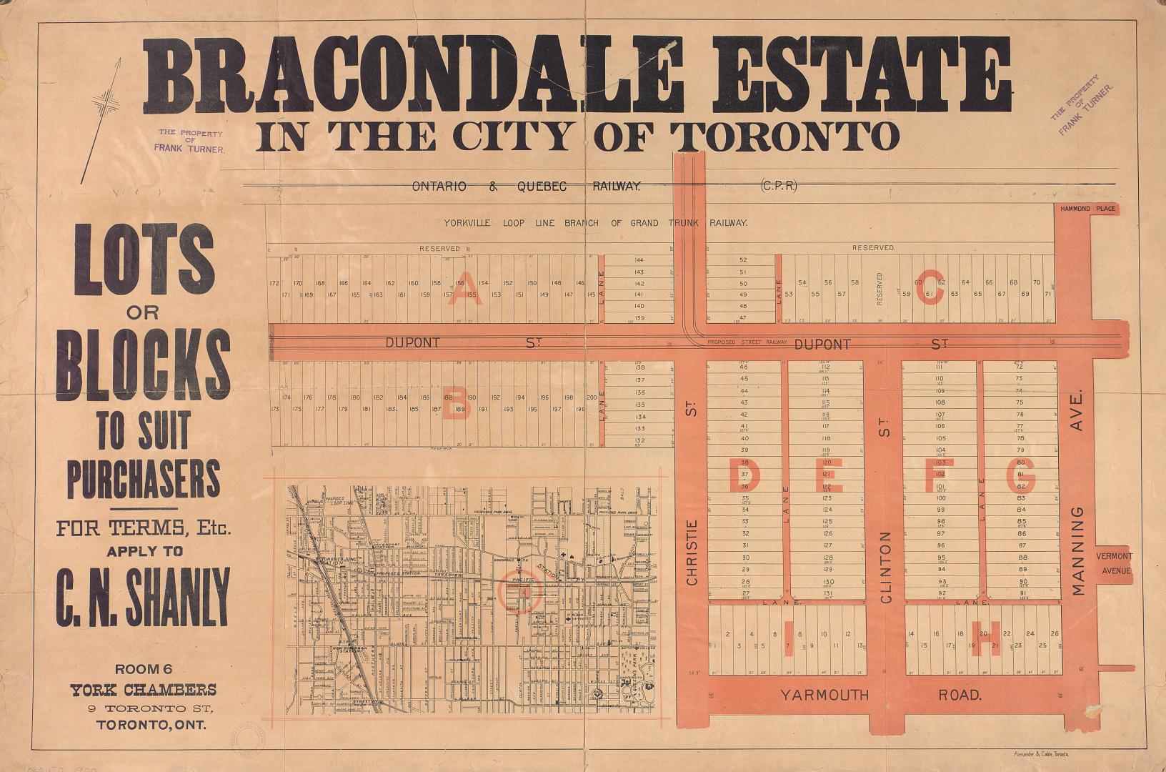  Bracondale Estate in the city of Toronto Lots or block to suit purchasers, for terms, etc.
