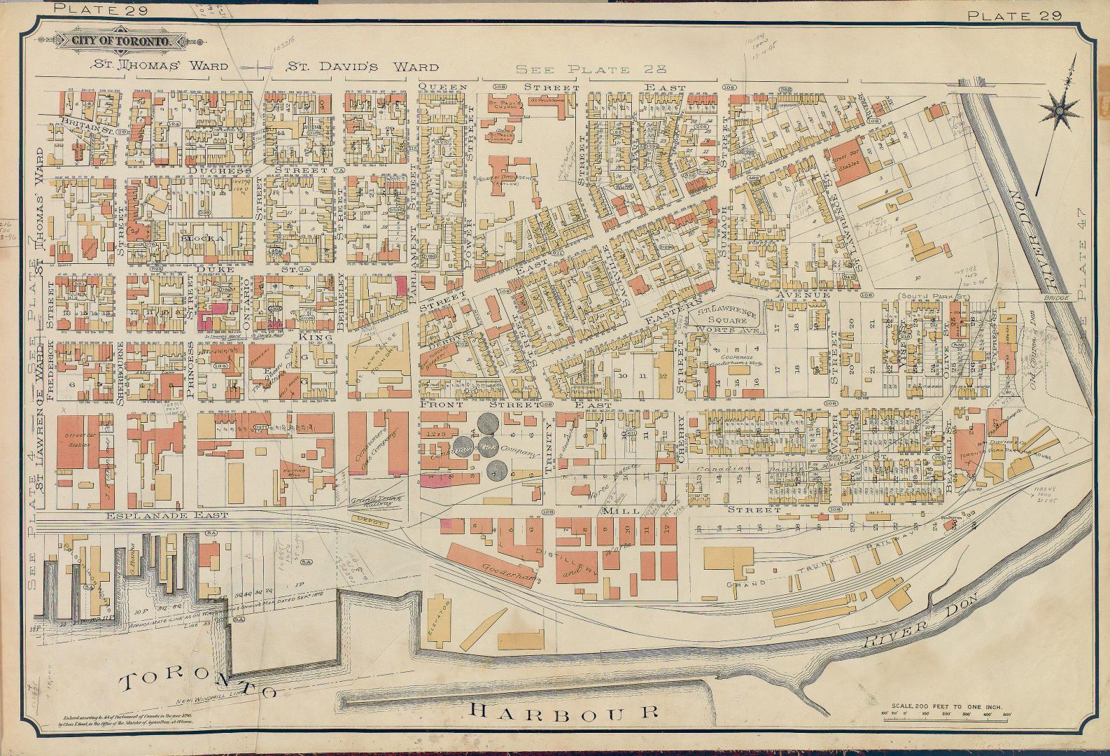 Atlas of the city of Toronto and vicinity from special survey founded on registered plans and showing all building and lot numbers.