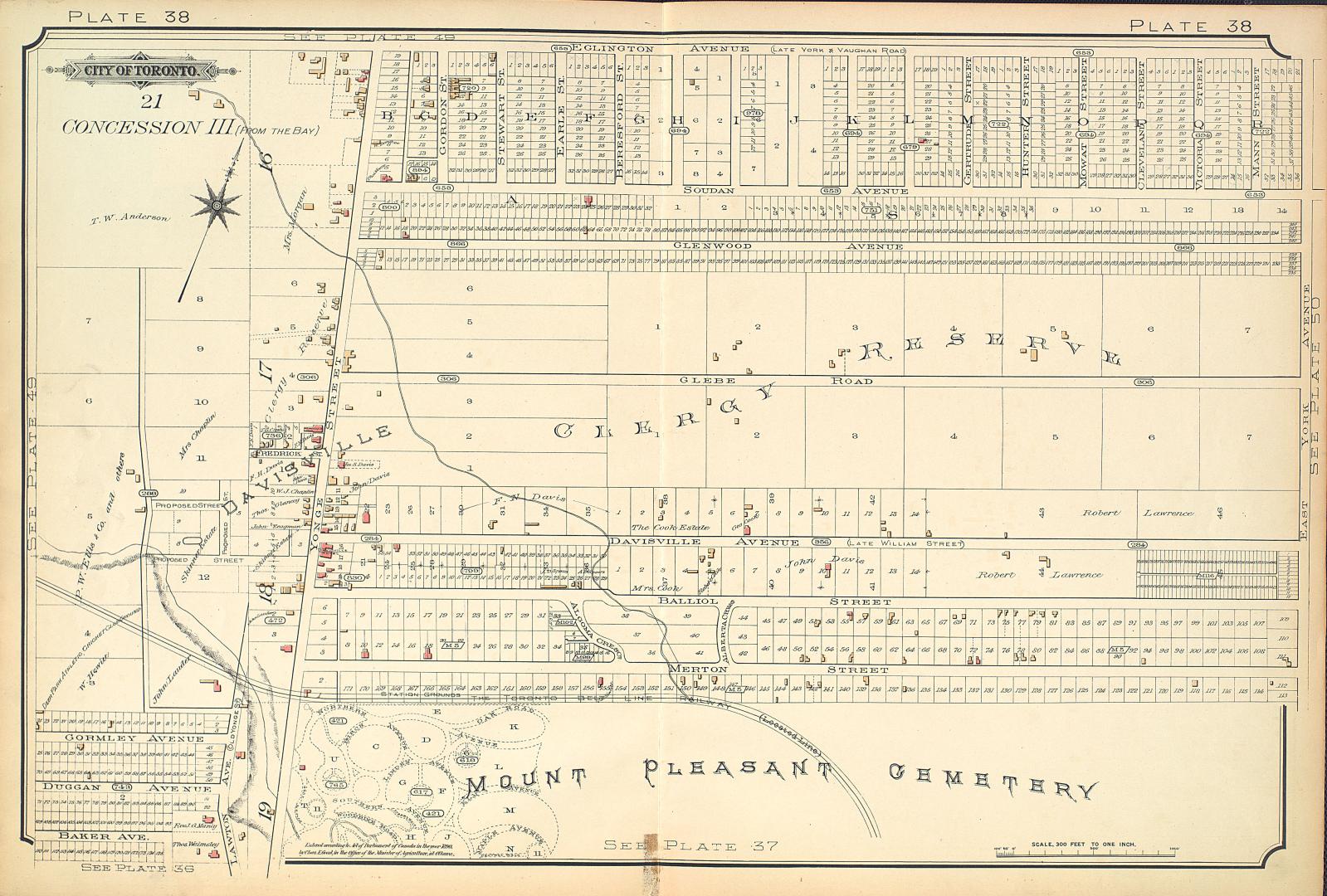 Image shows a map of some areas north and west from the Mount Pleasant Cemetery.