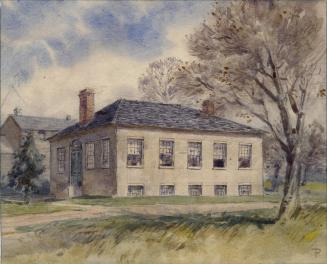 Painting shows a two storey building with some trees around it.