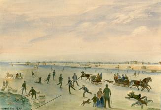 Image shows a number of people by the lake skating and horse-sleighing.