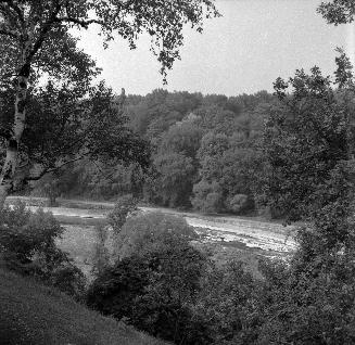 A photograph of a river, with a steep hill in the foreground and heavily wooded areas on both s ...