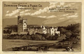 Illustration of Balmoral Castle surrounded by greenery with mountains in the background and peo ...
