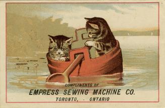 Illustration of a body of water with two grey and black tabby kittens sitting in a bucket that  ...