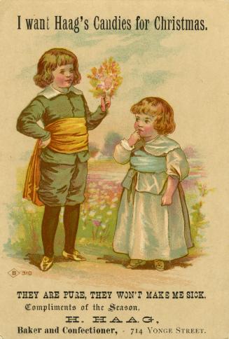Illustration of a boy and a girl standing near a field of wildflowers. The boy is dressed in a  ...