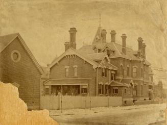 Mason, John Herbert, 'Ermeleigh', Sherbourne Street, southeast corner Wellesley Street East; looking southwest on Wellesley Street, showing stables at left.