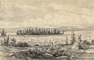 A pencil drawing of a shoreline, with an island in the middle of the image.