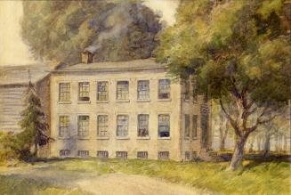 Painting shows a two storey house with some trees around it.