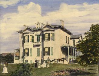Painting shows a two storey residential house. There are some people on the lawn and a carriage ...