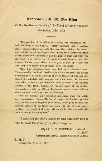 Address by H. M. The King to the gentlemen cadets of the Royal Military Academy Woolwich, July, 1918