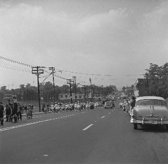 Leaside Fire Dept., Fire Prevention Week Parade, Eglinton Avenue E., looking west from east of Bayview Avenue, Toronto