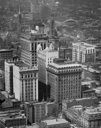 Downtown Toronto, circa 1924, looking northeast from aeroplane, showing corner of Yonge & Wellington Streets, lower right