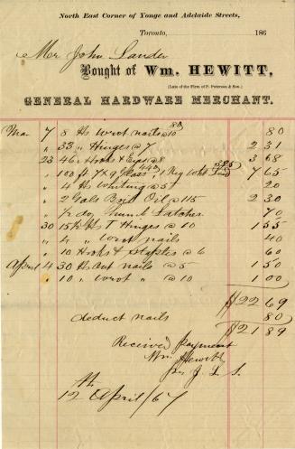 Bought of Wm. Hewitt (Late of the Firm of P. Paterson & son), general hardware merchant