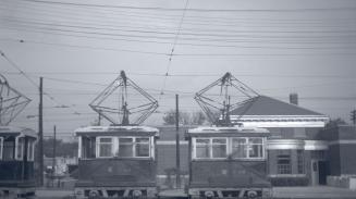 T.T.C., shunters at Eglinton carhouse. Image shows three work cars.