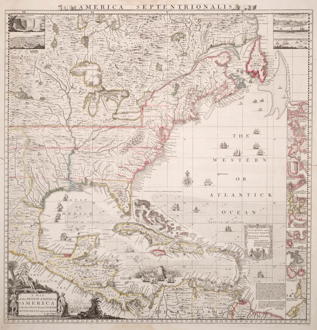 Illustrations of sailing ships scattered through the Atlantic Ocean and Gulf of Mexico. Inset i…
