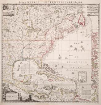 Illustrations of sailing ships scattered through the Atlantic Ocean and Gulf of Mexico. Inset i…
