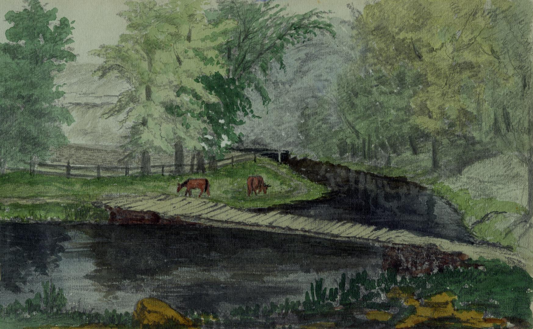 Humber River, showing bridge across West Wadsworth's mill head, (Weston), Toronto, Ontario