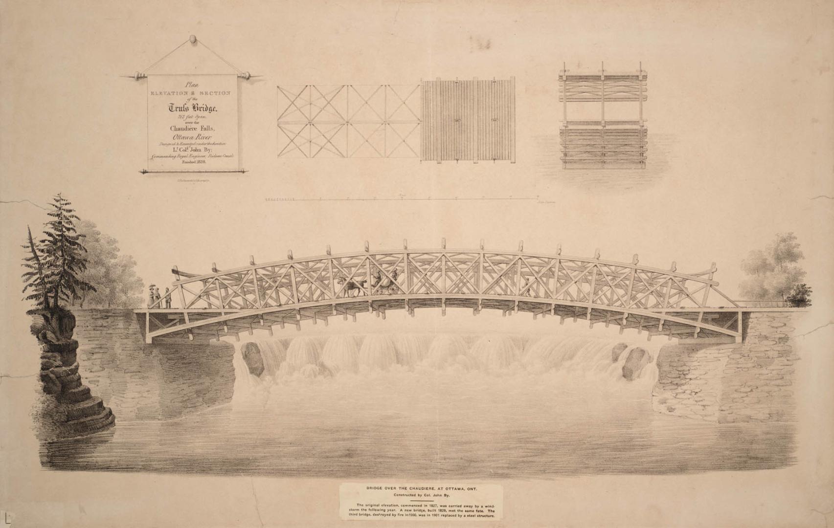 Plan, Elevation and Section of the Truss Bridge over the Chaudiere Falls, Ottawa River (Ottawa, Ontario)