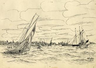 The Finish of the First Race between the 'Irondequoit' and the 'Strathcona' for the Canada's Cup, off Toronto Island