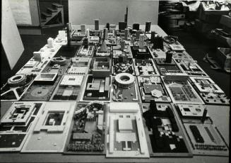 Table of architectural models at Horticultural Building for City Hall and Square Competition, Toronto, 1958