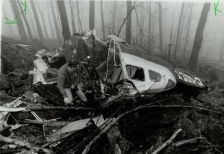 Aircraft Remains: Investigator Rick Pilson probes the wreckage yesterday morning after a Cessna crashed near Inglewood Monday night, killing the pilot