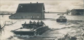 Amphibious vehicles of the First Canadian Army show how the battle of the flood waters is being won as the Canadians force their way to the Rhine and (...)