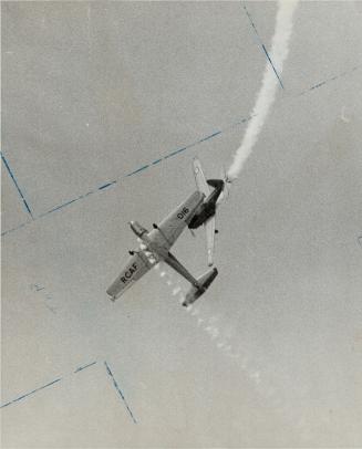 Near miss'. Spectors will be thrilled by close calls such as one (inset) in which planes appear to be colliding. Show features the RCAF'S Golden Hawks. (above)