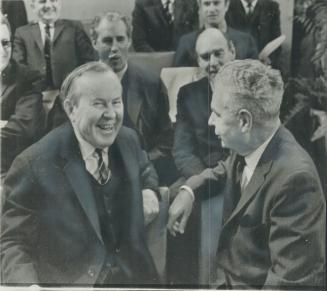 Watching from the wings, former liberal prime minister Lester Pearson (left) and former Conservative prime minister John Diefenbaker can laugh at open(...)