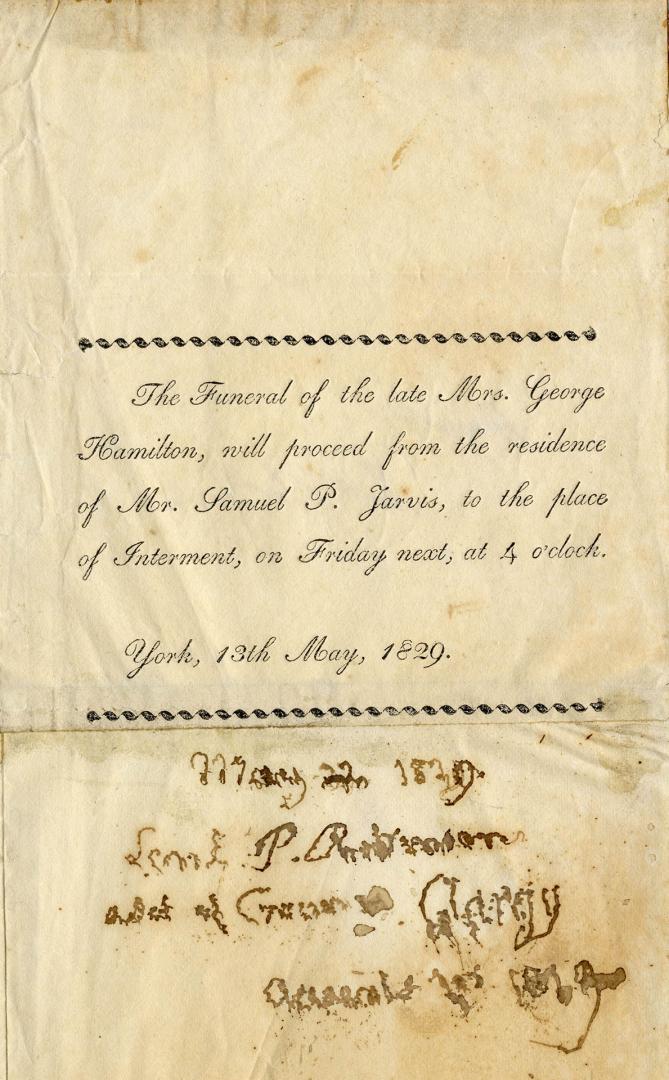 The Funeral of the late Mrs. George Hamilton will proceed from the residence of Mr. Samuel P. Jarvis, to the place of interment, on Friday next, at 4 o'clock