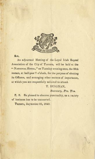 An adjourned meeting of the Loyal Irish Repeal Association of the City of Toronto.