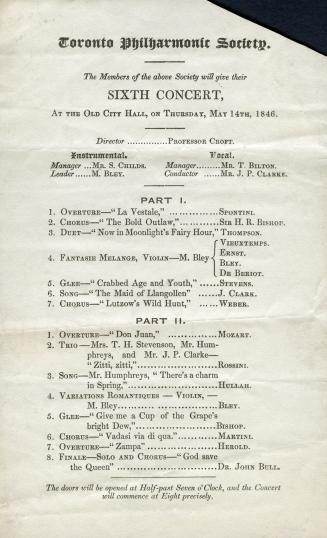 Toronto Philharmonic Society Sixth Concert at the Old City Hall, on Thursday, May 14th,1846