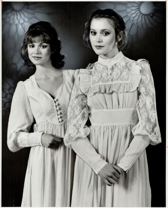 Romantic look, left, with sweetheart neckline, lace cuffs, Gown, right, is in deep pink with stand-up collar, ecru lace sleeves and ruffled yoke
