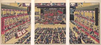 View of a kabuki theatre interior during a performance of Shibaraku