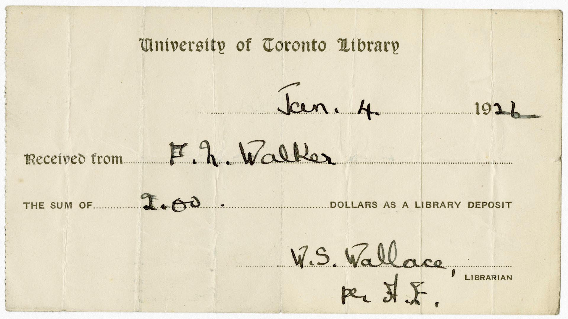 University of Toronto LIbrary Deposit Receipt 1926