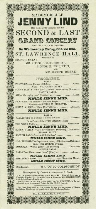 Mademoiselle Jenny Lind's Second & Last Grand Concert Playbill
