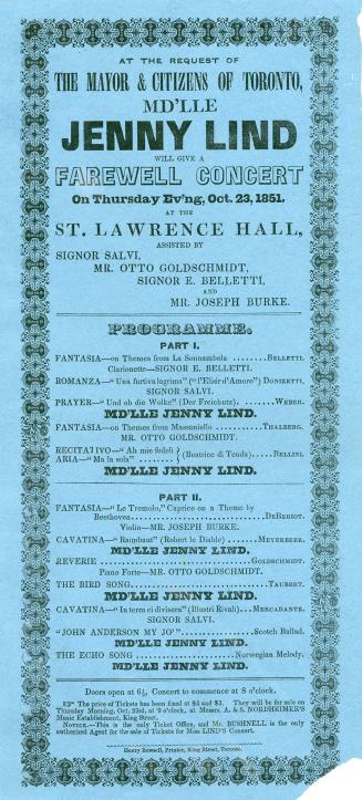 Mademoiselle Jenny Lind will give a Farewell Concert on October 23, 1851