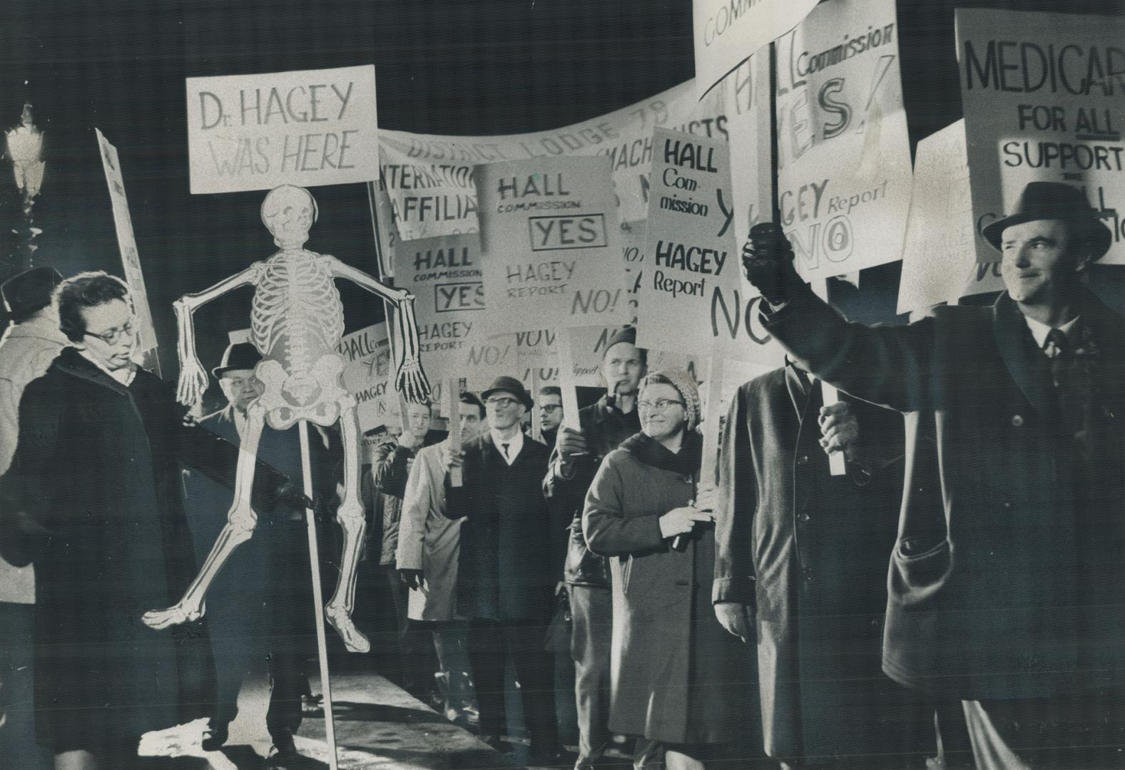 Demonstrators paraded at Queen's Park last night to protest the Ontario medical service plan recommended in the Hagey committee report. [Incomplete]