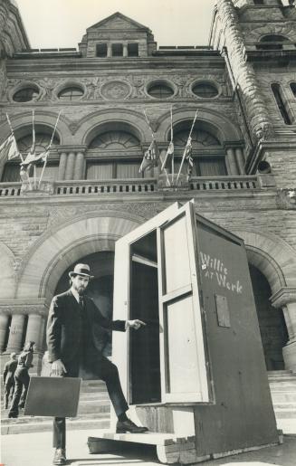 An outhouse was placed on the steps of Legislature yesterday by a group of construction workers as protest against outhouses on job sites. [Incomplete]