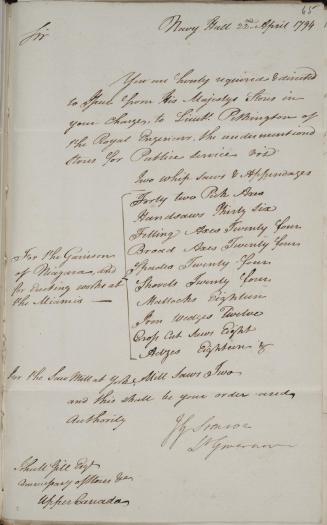 Letter from John Graves Simcoe to John McGill, 22 April 1794