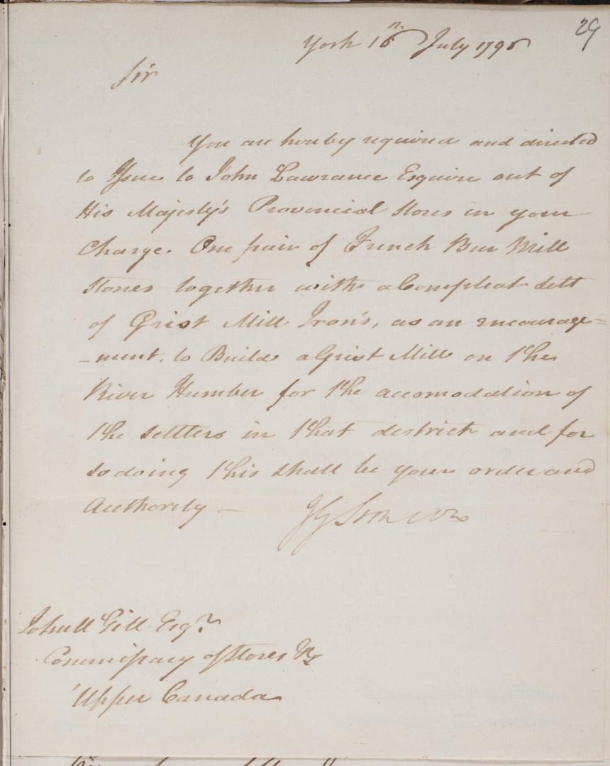 Letter from J. G. Simcoe to John McGill, 16 July 1796.