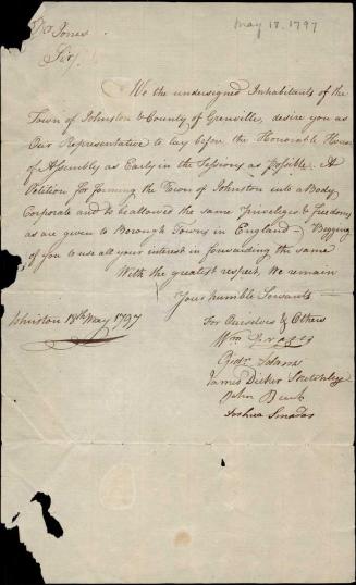 Petitionary letter to Ephraim Jones asking for the incorporation of the town of Johnston