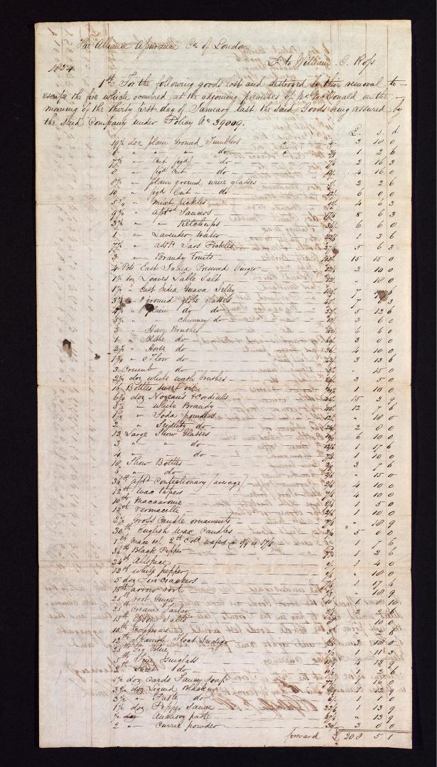 Claim against the Alliance British and Foreign Life and Fire Assurance Company for goods lost or damaged by fire January 31, 1834.