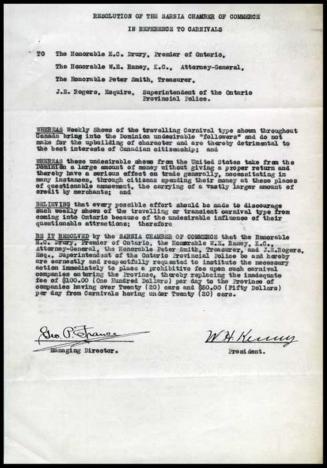 Resolution of the Sarnia Chamber of Commerce Re: Carnivals