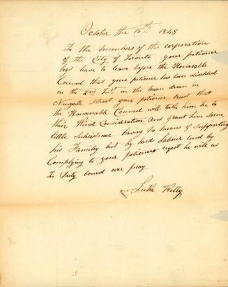 Letter from Luke Kelly to members of the Corporation of the City of Toronto