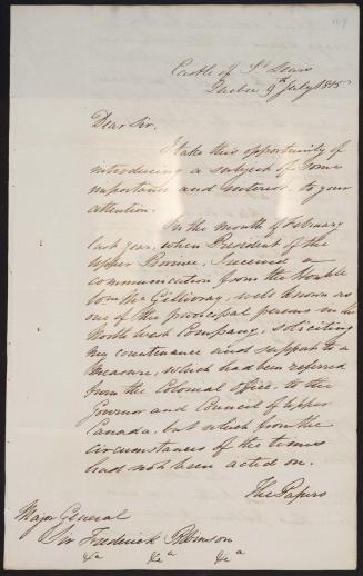 Letter from [Castle of St. Lewis] to Major General Sir Frederick Robinson, 9 July 1815