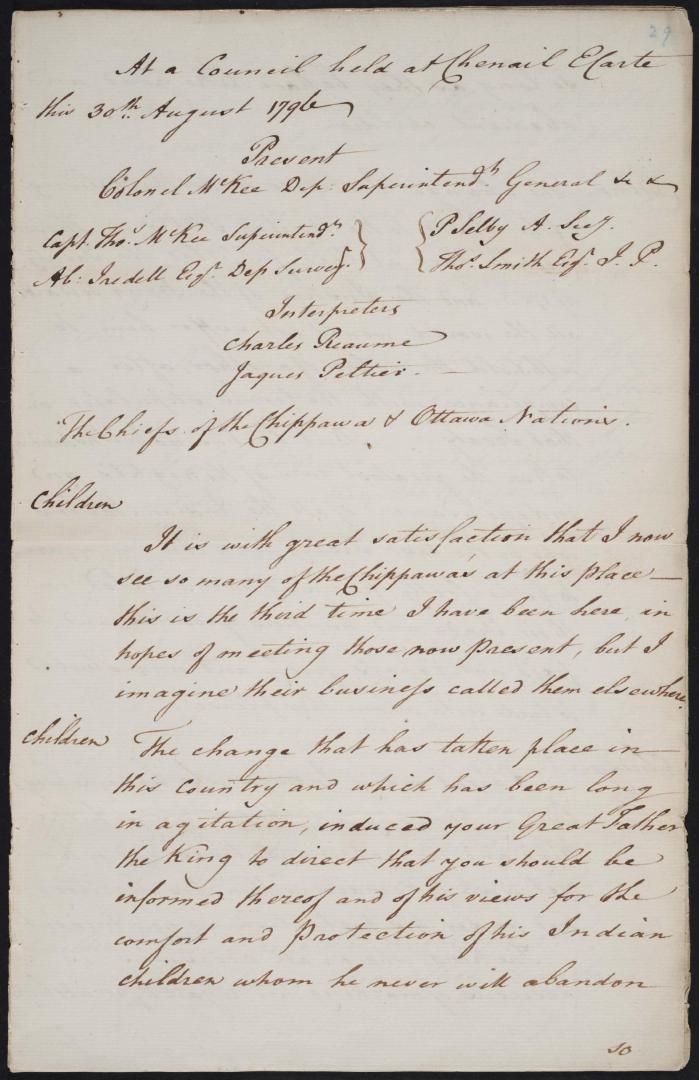 Notes from a Council held at Chenail Ecarte this 30th August 1796