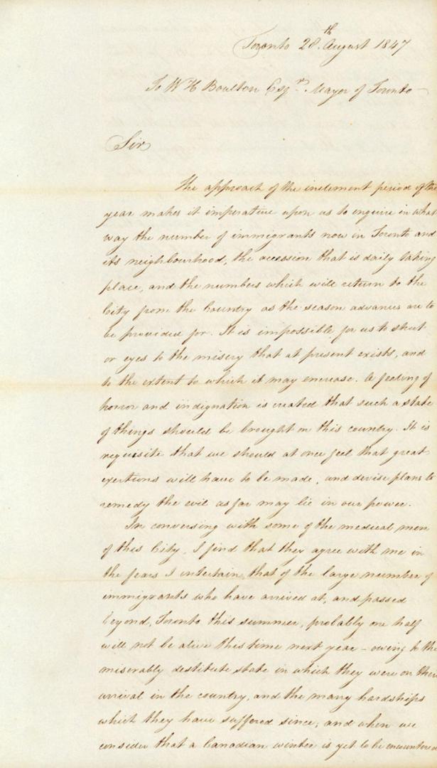Letter from W.B. Jarvis to W.H. Boulton Esqr, Mayor of Toronto, 28 Aug. 1847
