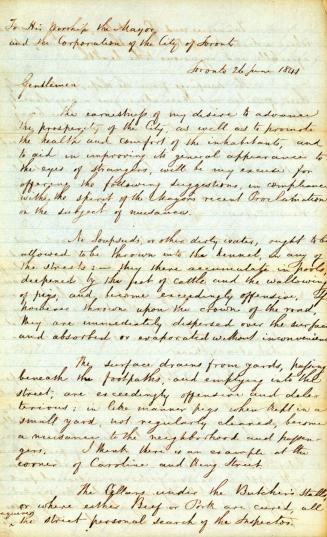 Letter from R.E. Horne to His Worship the Mayor and the Corporation of the City of Toronto, 26 June 1841, pp. 1-2